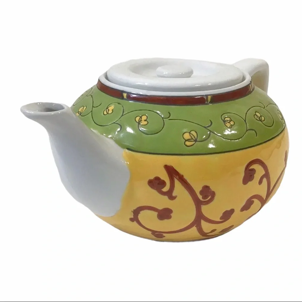Vintage Pier 1 Porcelain Teapot Hand-Painted Floral Vine Design Green Yellow Red